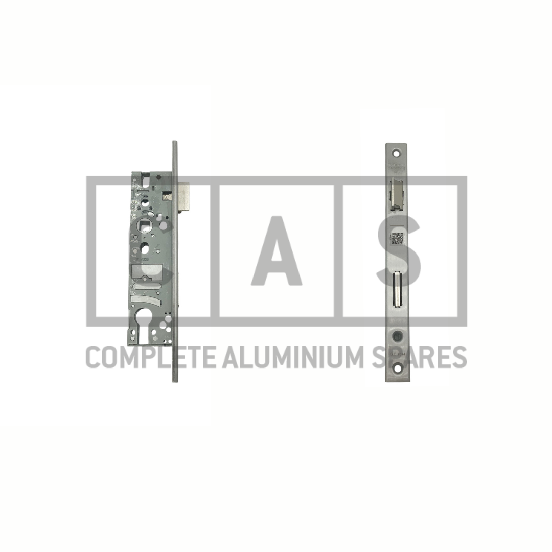 A silver-colored Schuco lock mechanism designed for complete aluminium windows and doors.