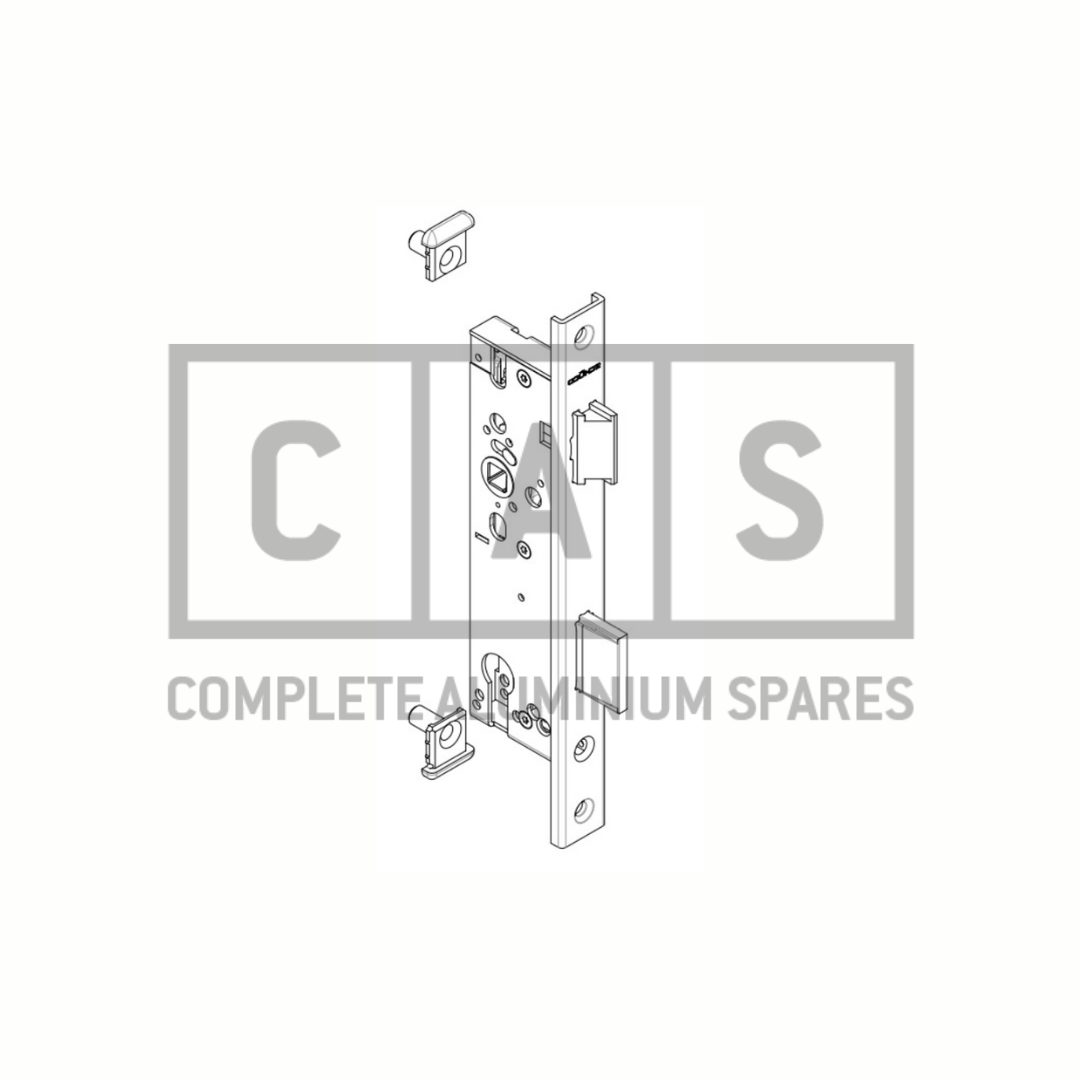 Technical drawing of a latch-and-bolt lock backset, with the Schuco brand logo and text 'COMPLETE ALUMINIUM SPARES'.