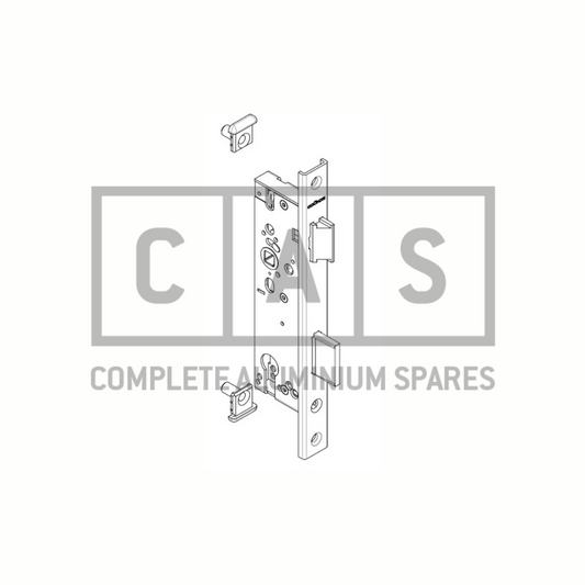 Technical drawing of a latch-and-bolt lock backset, with the Schuco brand logo and text 'COMPLETE ALUMINIUM SPARES'.