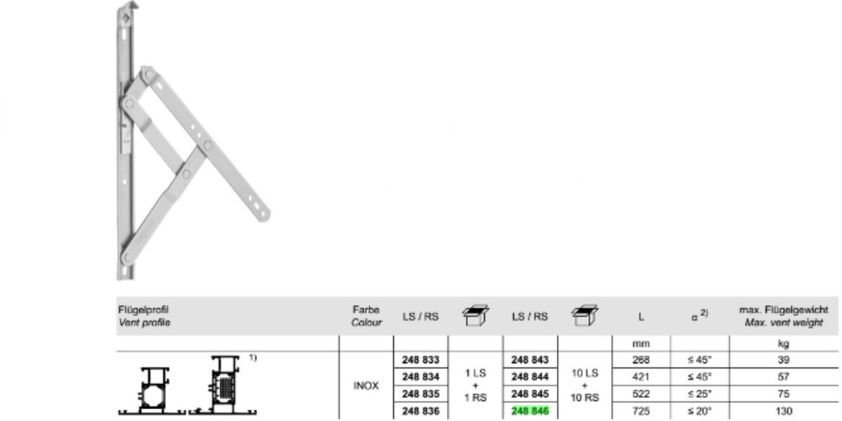 248846 Schuco Projected Top-Hung Stay – Complete Aluminium Spares